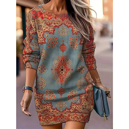 Lucky Life Kadın Uzun Kollu Yuvarlak Yaka Desenli Mini Modal Elbise