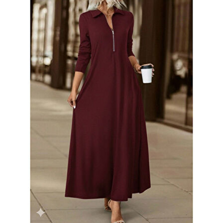 Lucky Life Kadın Uzun Kollu Yakalı önden Fermuarlı Uzun Viskon Iki Iplik Elbise