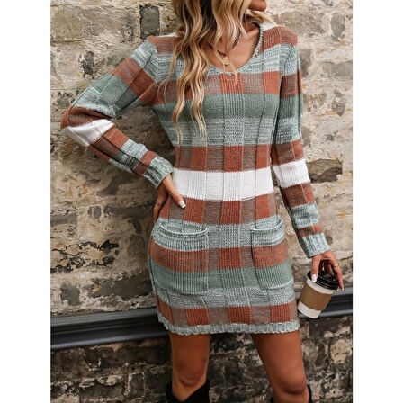 Lucky Life Kadın Uzun Kollu V Yakalı çizgili çok Renkli Triko Mini Elbise