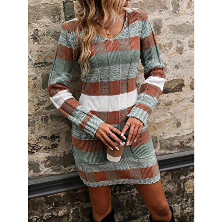 Lucky Life Kadın Uzun Kollu V Yakalı çizgili çok Renkli Triko Mini Elbise