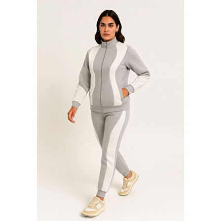 Premium Parçalı Eşofman Takım - Dik Yaka Fermuarlı Sweatshirt - Gri