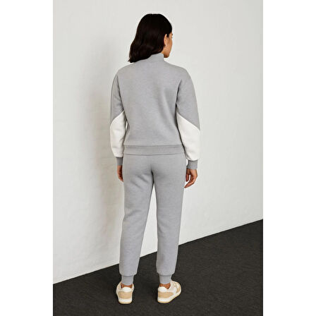 Premium Parçalı Eşofman Takım - Dik Yaka Fermuarlı Sweatshirt - Gri
