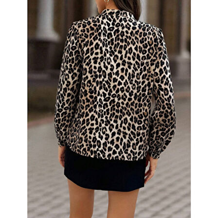 Lucky Life Kadın Uzun Kollu Yakadan Bağcıklı Leopar Desenli Süprem Bluz