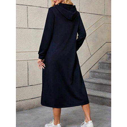 Lucky Life Kadın Uzun Kollu Kapşonlu Cep Detaylı Viskon Iki Iplik Maxi Elbise