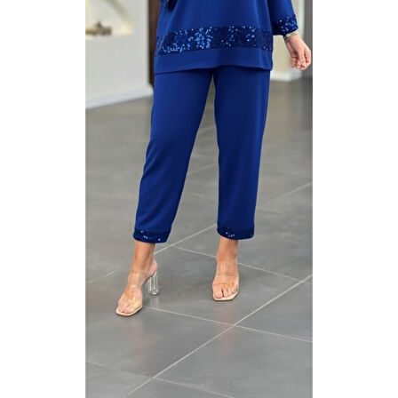 Lucky Life Kadın Uzun Kollu V Yakalı Pulpayet Viskon Iki Iplik Bluz Ve Pantolon Takım