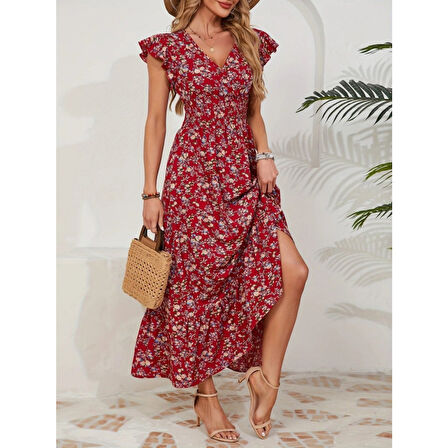 Lucky Life Kadın Kısa Kollu Kruvaze Yaka Beli Lastikli çiçek Desenli Elbise