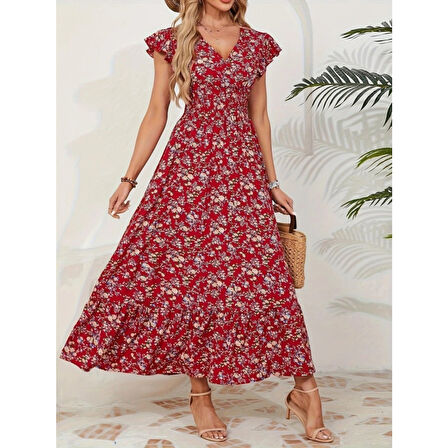 Lucky Life Kadın Kısa Kollu Kruvaze Yaka Beli Lastikli çiçek Desenli Elbise