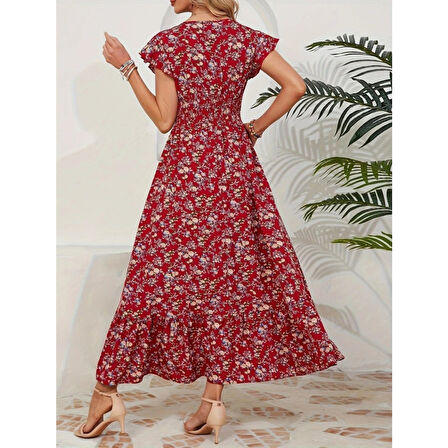 Lucky Life Kadın Kısa Kollu Kruvaze Yaka Beli Lastikli çiçek Desenli Elbise