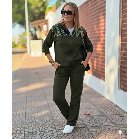 Lucky Life Kadın Uzun Kollu önden Fermuarlı Pul Payetli Alt üst Viskon Iki Iplik Takım