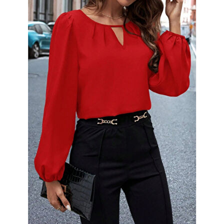 Lucky Life Kadın Uzun Kollu Damla Detaylı Ithal Krep Bluz