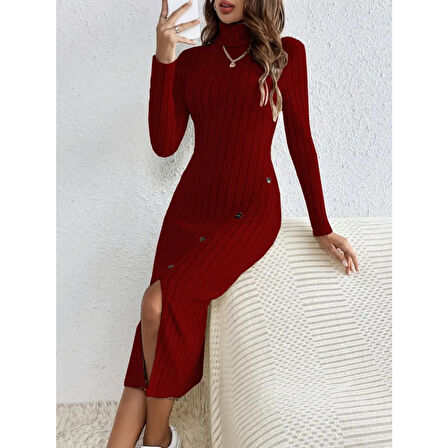 Lucky Life Kadın Uzun Kollu Balıkçı Yaka Yırtmaçlı Düğmeli şardonlu Kaşkorse Elbise