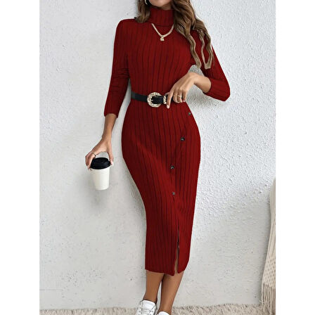 Lucky Life Kadın Uzun Kollu Balıkçı Yaka Yırtmaçlı Düğmeli şardonlu Kaşkorse Elbise