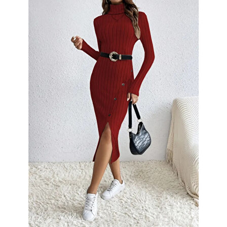 Lucky Life Kadın Uzun Kollu Balıkçı Yaka Yırtmaçlı Düğmeli şardonlu Kaşkorse Elbise