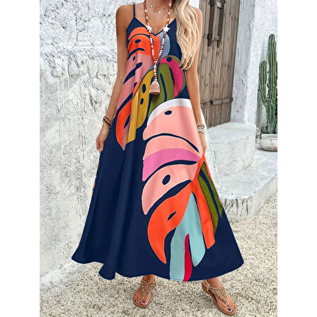 Lucky Life Kadın Ip Askılı V Yakalı Desenli Süprem Maxi Elbise