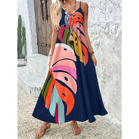 Lucky Life Kadın Ip Askılı V Yakalı Desenli Süprem Maxi Elbise