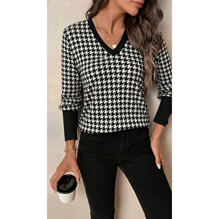 Lucky Life Kadın Uzun Kollu V Yakalı Desenli Süprem Bluz