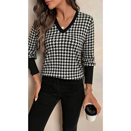 Lucky Life Kadın Uzun Kollu V Yakalı Desenli Süprem Bluz