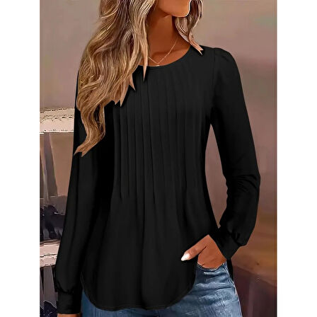 Lucky Life Kadın Uzun Kollu Yuvarlak Yaka Nervürlü Bluz