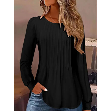 Lucky Life Kadın Uzun Kollu Yuvarlak Yaka Nervürlü Bluz