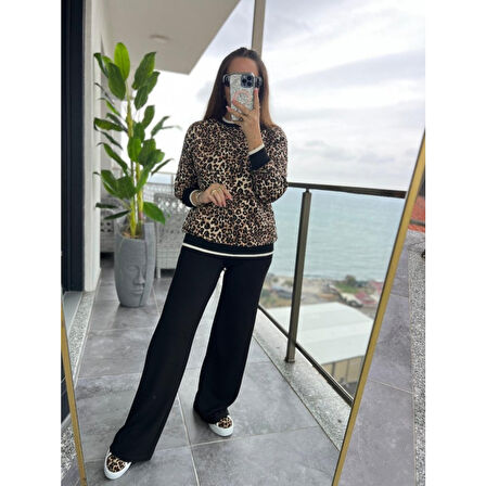 Lucky Life Kadın Uzun Kollu Bisiklet Yaka Leopar Desenli Iki Iplik Bluz Ve Viskon Iki Iplik Pantolon Ikili Takım