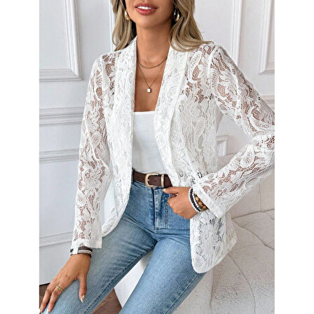 Lucky Life Kadın Uzun Kollu Yakalı önü Açık Dantelli Ceket