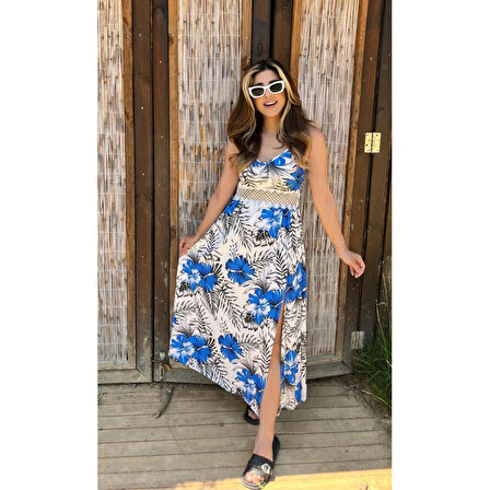 Lucky Life Kadın Ip Askılı V Yakalı Bel Güpür çiçek Desenli Yandan Yırtmaçlı Maksi Süprem Elbise