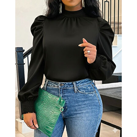 Lucky Life Kadın  Uzun Kollu Balıkçı Yaka Arkadan Bağlamalı Omuzlardan Balon Ithal Krep Bluz