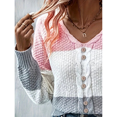 Lucky Life Kadın Uzun Kollu V Yakalı önden Düğmeli çok Renkli Bluz