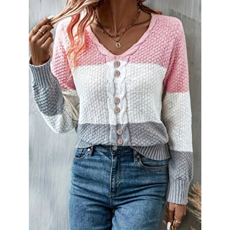 Lucky Life Kadın Uzun Kollu V Yakalı önden Düğmeli çok Renkli Bluz