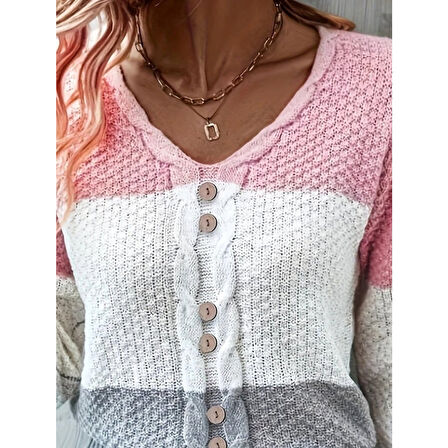 Lucky Life Kadın Uzun Kollu V Yakalı önden Düğmeli çok Renkli Bluz