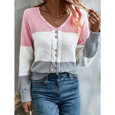 Lucky Life Kadın Uzun Kollu V Yakalı önden Düğmeli çok Renkli Bluz