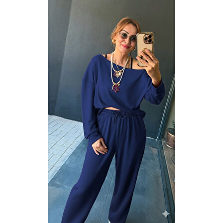 Lucky Life Kadın Uzun Kollu Tek Omuzdan Açık Viskon Iki Iplik Bluz Ve Pantolon Ikili Takım