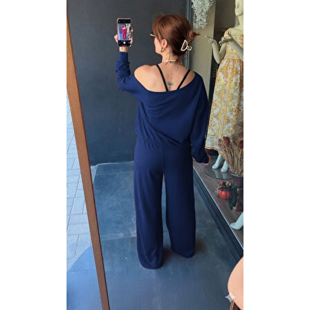 Lucky Life Kadın Uzun Kollu Tek Omuzdan Açık Viskon Iki Iplik Bluz Ve Pantolon Ikili Takım