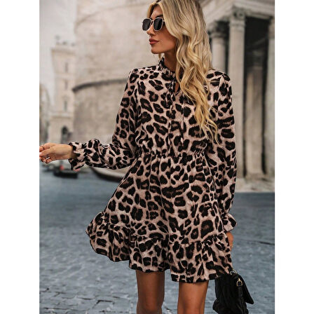 Lucky Life Kadın Uzun Kollu Yakadan Bağcıklı Modal Leopar Desenli Mini Elbise