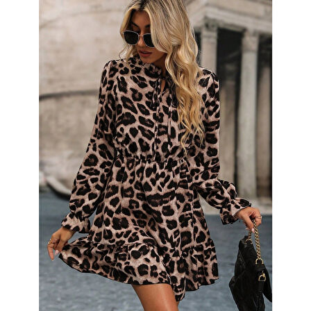 Lucky Life Kadın Uzun Kollu Yakadan Bağcıklı Modal Leopar Desenli Mini Elbise