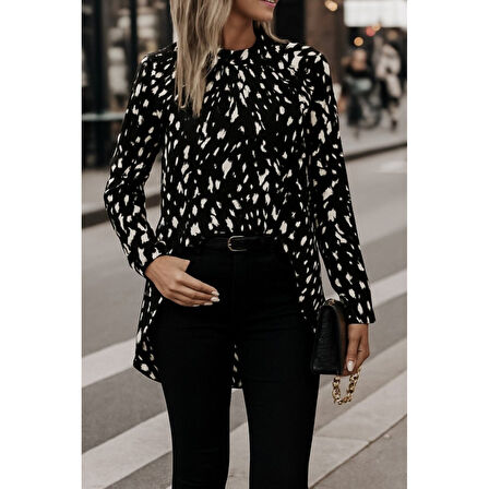 Lucky Life Kadın Uzun Kollu Yarı Balıkçı Yaka Desenli Dokuma Bluz