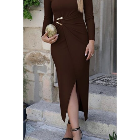 Lucky Life Kadın Uzun Kollu önden çapraz Detaylı Yandan Toka Detaylı Uzun Sandy Elbise