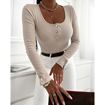 Lucky Life Kadın Uzun Kollu Yakadan Açık Ve Düğme Detaylı Kaşkorse Bluz