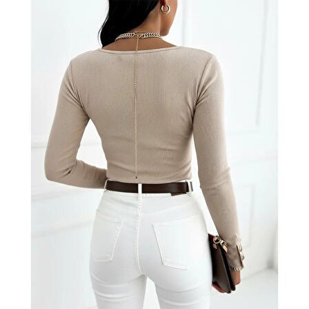 Lucky Life Kadın Uzun Kollu Yakadan Açık Ve Düğme Detaylı Kaşkorse Bluz