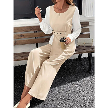 Lucky Life Lucky Life Kadın Uzun Kollu Açık Yakalı çift Renkli Kemerli Ithal Krep Ikili Takım