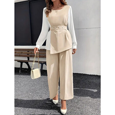 Lucky Life Lucky Life Kadın Uzun Kollu Açık Yakalı çift Renkli Kemerli Ithal Krep Ikili Takım