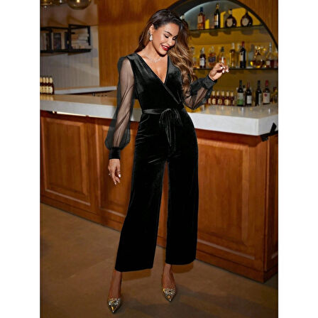 Lucky Life Kadın Uzun Kollu Kruvaze Yakalı Belden Kuşaklı Tül Detaylı Kadife Tulum