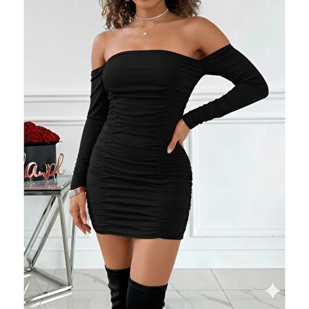 Lucky Life Kadın Uzun Kollu Omuzlardan Açık Takma Kollu Büzgülü Sandy Kısa Elbise