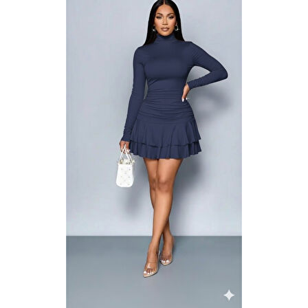 Lucky Life Lucky Life Kadın Uzun Kollu Balıkçı Yaka Mini Fırfırlı Sandy Elbise