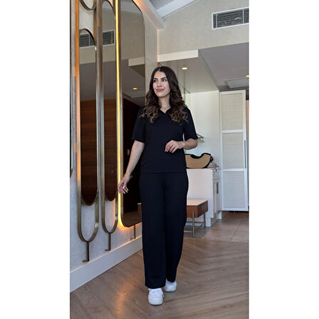 Lucky Life Kadın Kısa Kollu Yakalı Viskon Iki Iplik Bluz Ve Pantolon Ikili Takım