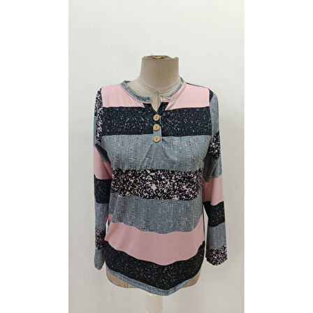 Lucky Life Kadın Uzun Kollu Yakadan Düğmeli çizgili Desenli Süprem Bluz