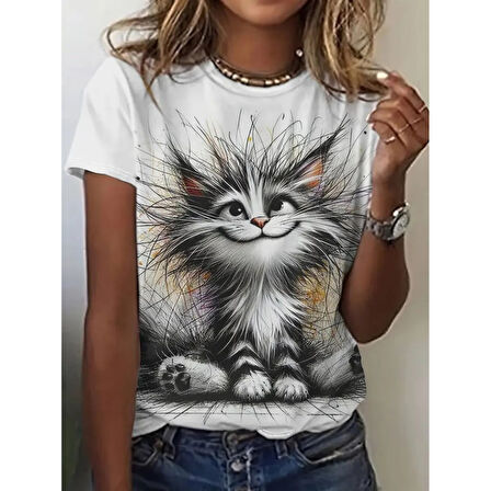 Lucky Life Kadın Kısa Kollu Bisiklet Yaka Kedi Baskılı Süprem Bluz