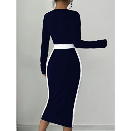 Lucky Life Kadın Uzun Kollu Geometrik Yaka Midi Ithal Krep Elbise