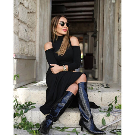 Lucky Life Kadın Balıkçı Yaka Omuzlardan Açık Uzun Kollu Janjan Krep Elbise