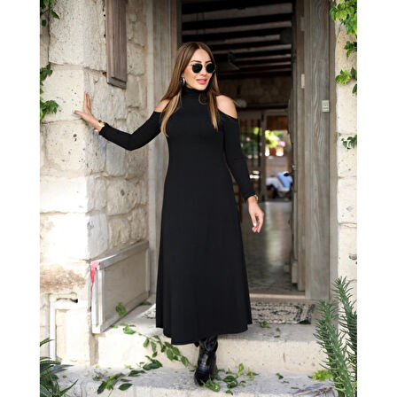 Lucky Life Kadın Balıkçı Yaka Omuzlardan Açık Uzun Kollu Janjan Krep Elbise